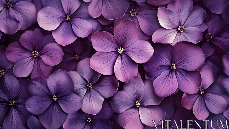 Dense Floral Cluster: Five-Petaled Purple Flowers with Golden Stamen Details