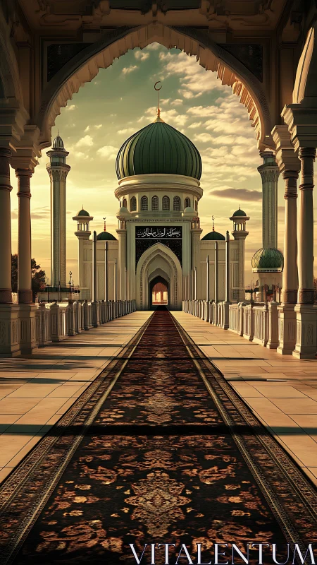 Islamic courtyard corridor leading to domed mosque entrance.