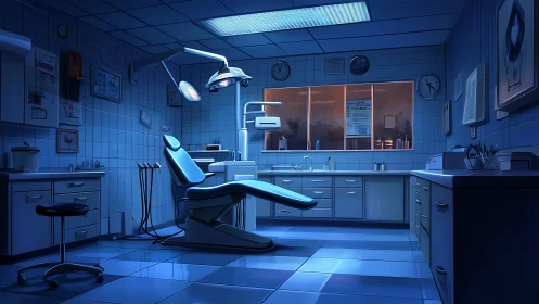 Quiet dental clinic glows softly in calm evening light