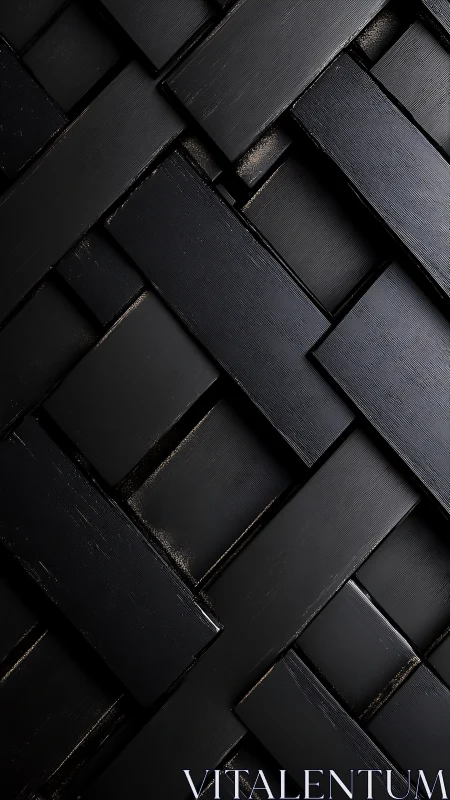Black wooden slats form dark woven geometric surface.