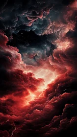 Turbulent red nebular clouds frame a dark stellar void with lightning