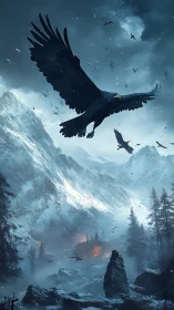 Majestic black eagle soars above glacial valley inferno