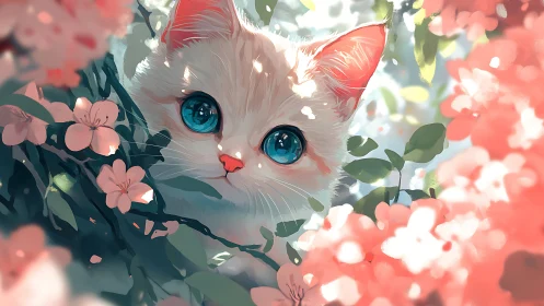 White Cat with Turquoise Eyes Surrounded by Coral Flowers