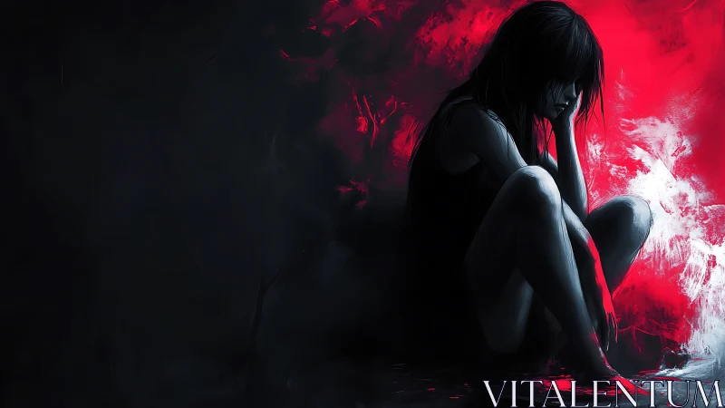 Solitary figure in chiaroscuro red-black contrast conveys tension