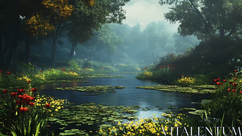 Enchanted forest river winds through lush flowers and light.