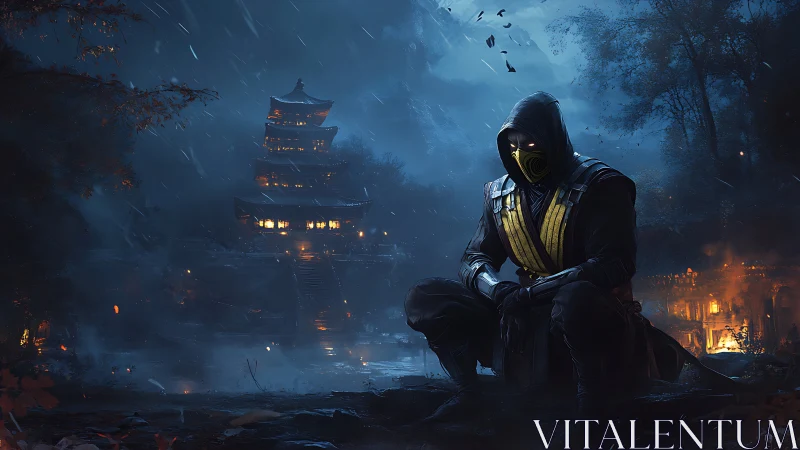 Midnight temple guardian resting in stormlit shadows.