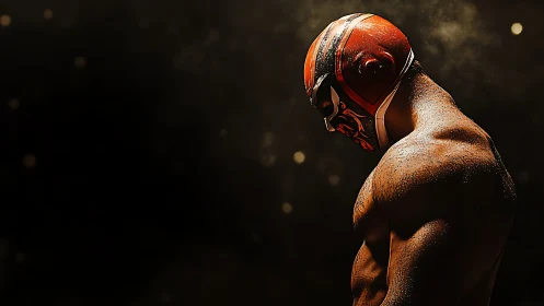 Masked athlete stands in profile under directional spotlight