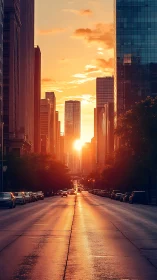 Sunlit downtown avenue glows between towering city skyscrapers.