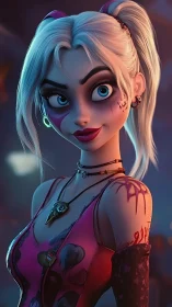 3D punk girl portrait with neon makeup and tattoos.