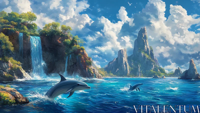 Tropical marine cove with leaping dolphins and waterfall cliffs