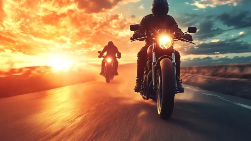 Sunset highway riders outrun daylight on blazing asphalt.