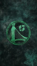 Minimalist green suspension bridge emblem on grunge field.