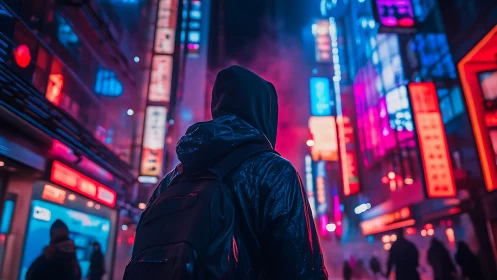 Cyberpunk neon alleyway with hooded figure in chiaroscuro focus.