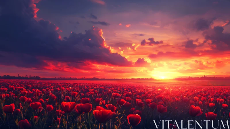 Crimson tulip field glows gently beneath a radiant sunset sky