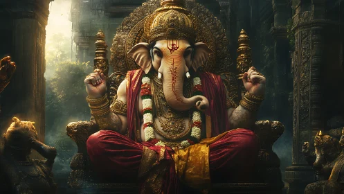 Elephant-headed deity statue seated in ornate stone temple.