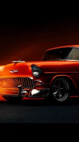 Lower-angle view shows orange classic car under dark background