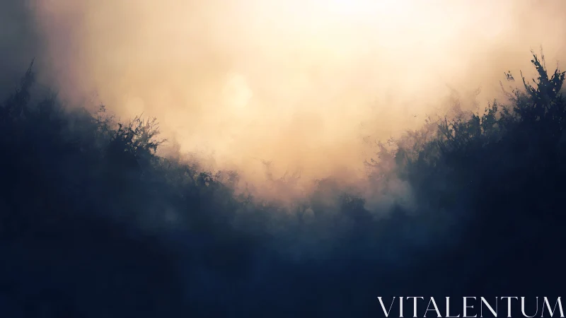 Misty valley glows beneath a soft, ethereal sunrise sky.