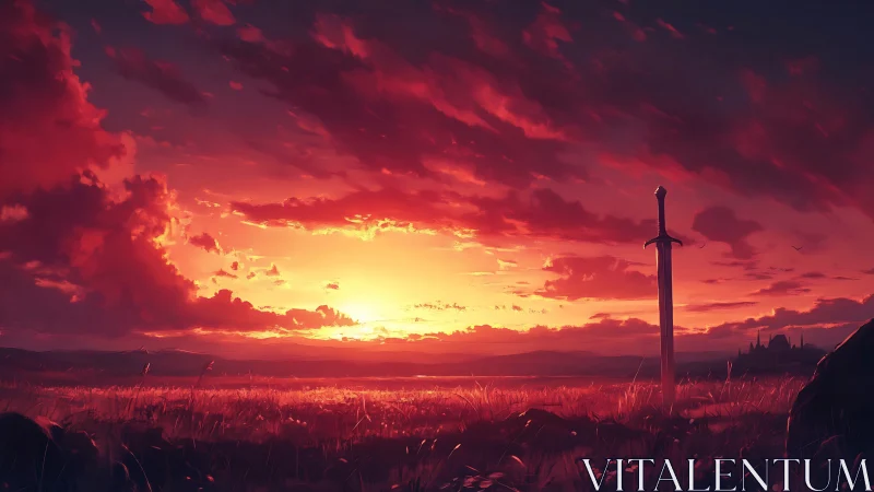 Sunset sword stands over silent golden battlefield horizon.