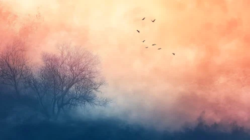 Bare trees in mist under vivid orange and blue sky.