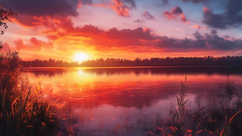 Sunset light evenly illuminates calm lake and shoreline vegetation