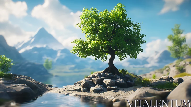 Solitary riverside tree quietly crowns a sunlit mountain cove