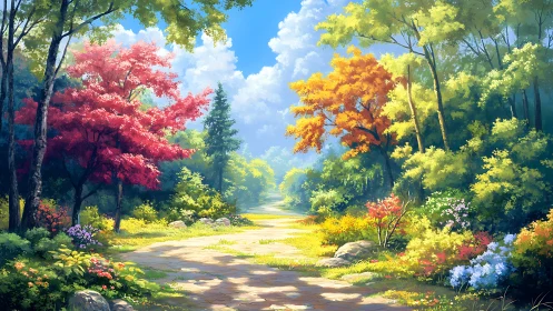 Enchanting Forest Path Through Vibrant Seasonal Colors