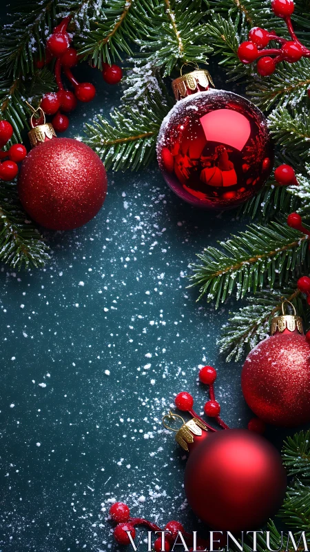 Red Christmas baubles with fir branches and snow border.
