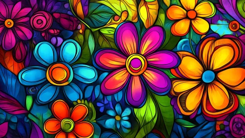 Vibrant Stained Glass Flora: Multihued Digital Floral Composition with Neon Overlays.