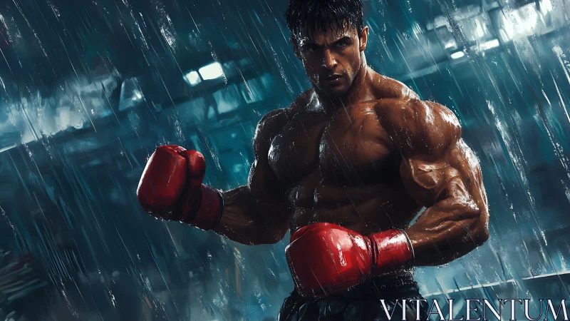 Boxer in rain with red gloves, wet muscular figure fighting stance