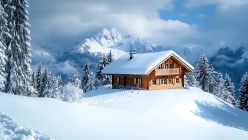 Wooden mountain cabin in deep snow with conifer forest.