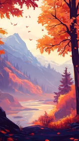 Autumn mountain valley with river in warm sunset light.