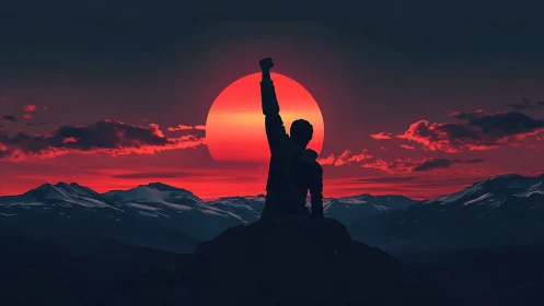 Silhouette raises triumphant fist before blazing red sun