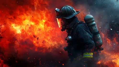 Firefighter in protective gear confronting intense flames and explosive fire conditions