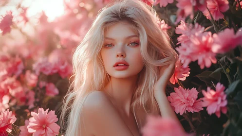 Dreamy blonde portrait framed by lush pink blossoms.