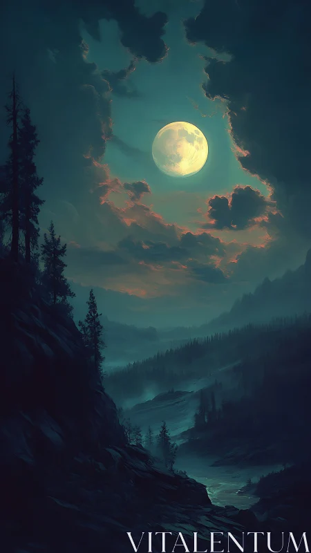 Full moon over misty valley and dark pine slopes.