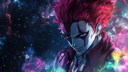 Sinister anime villain with neon hair in cosmic space