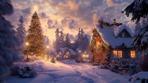 Snowlit cottage glows beneath a towering, starlit Christmas tree.