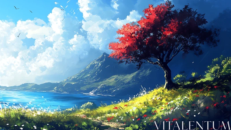 Solitary red tree above bright coastal bay under clouds.