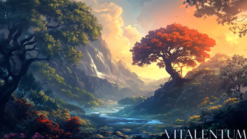 Sunlit valley landscape contrasts cool forest and fiery tree