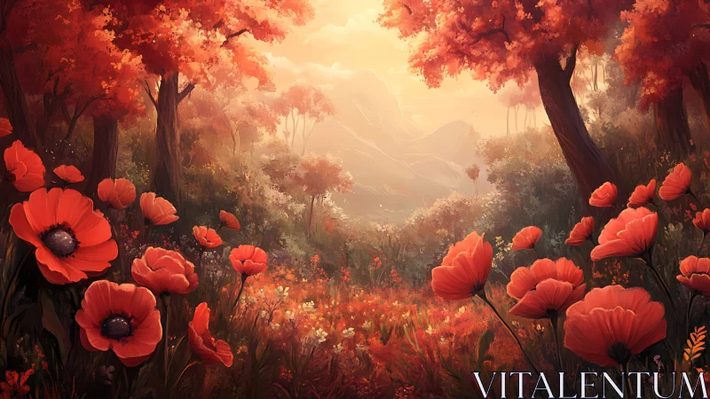 Luminous Poppy Valley at Sunset: Digital Landscape.