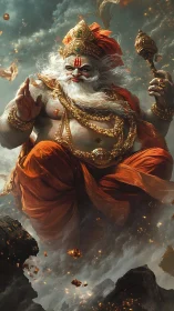 Divine warrior ascends through storming sky with mace raised