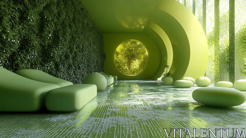 Futuristic Green Interior with Organic Sculptural Forms