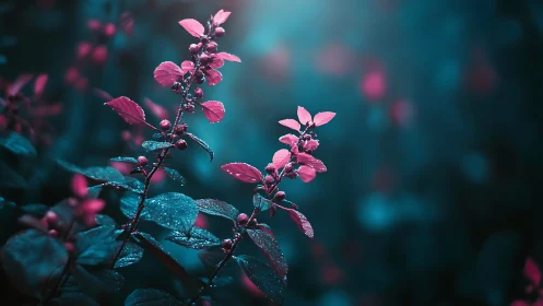 Moonlit teal forest lets neon-pink sprigs steal the spotlight