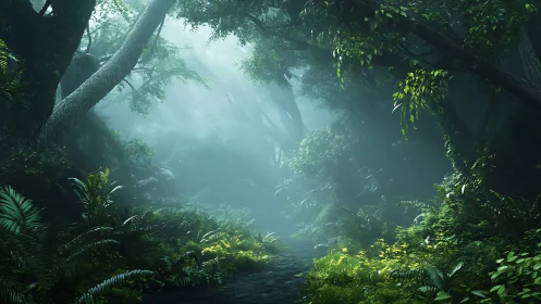 Misty Forest Sanctuary. Ancient Canopy Path Through Emerald Wilderness.
