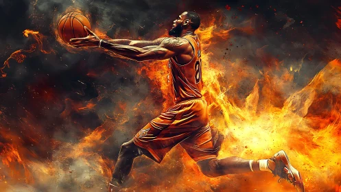 Dynamic flaming slam dunk captures explosive athletic motion
