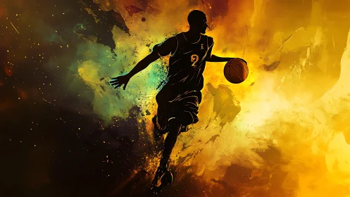 Dynamic silhouetted basketball player in fiery abstract motion