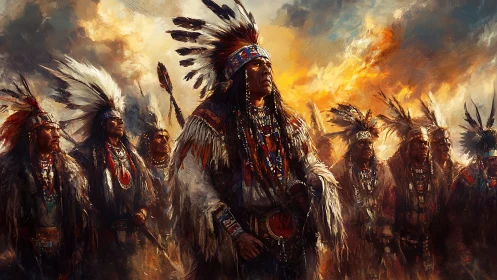 Proud Native warriors stand united beneath a burning sky