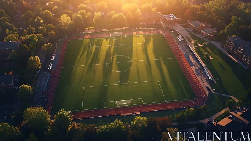 Rectangular football pitch occupies center of urban complex