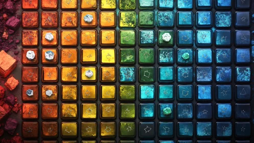 Chromatic mineral tiles align in a cosmic gradient grid.