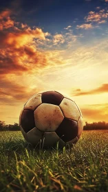 Soccer ball rests on dewy field under glowing sunset sky.